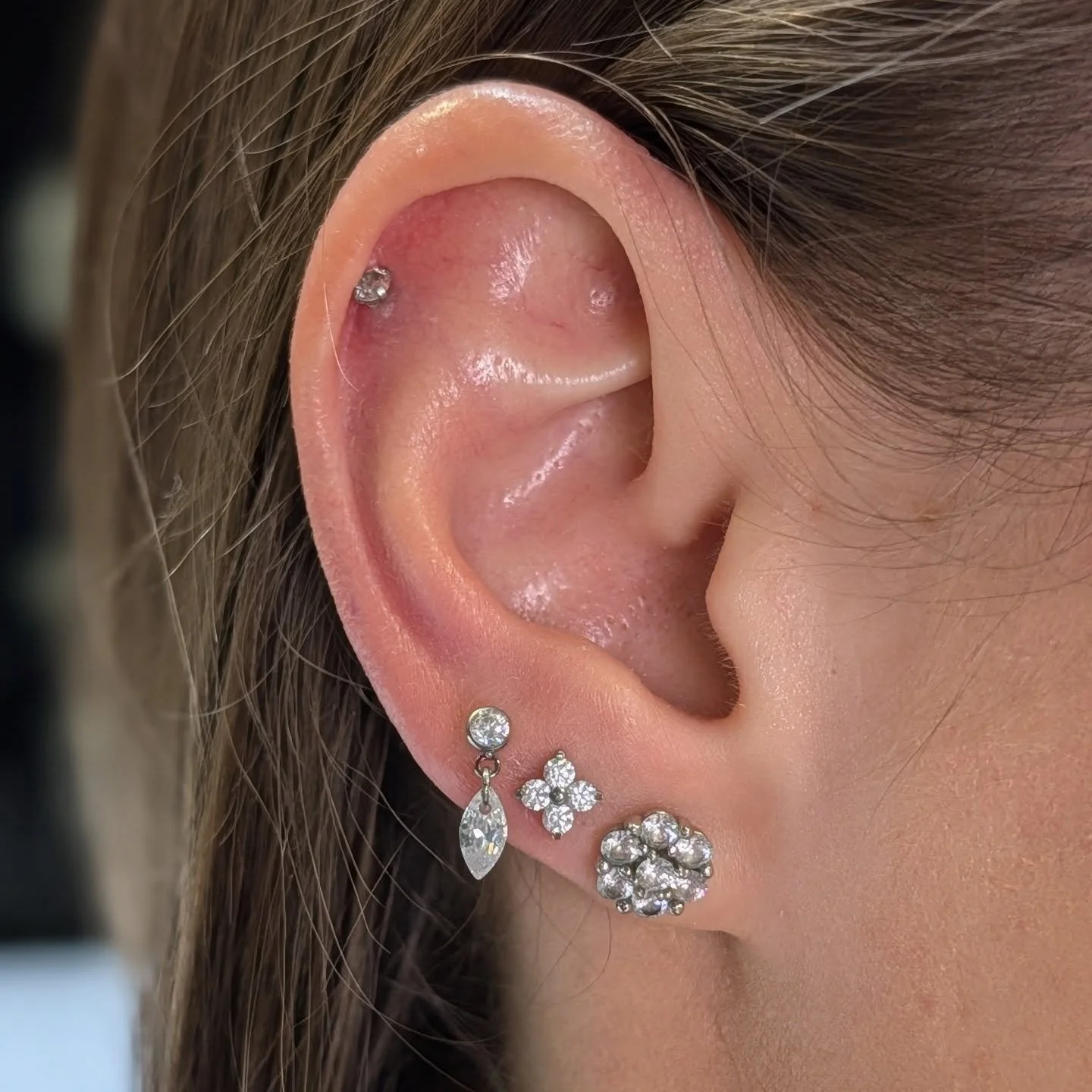 Working on her ear slowly but surely!  The cartilage and the 2nd lobe are healed and done by me; 3rd lobe freshly poked with a sweet lil dangle ✨