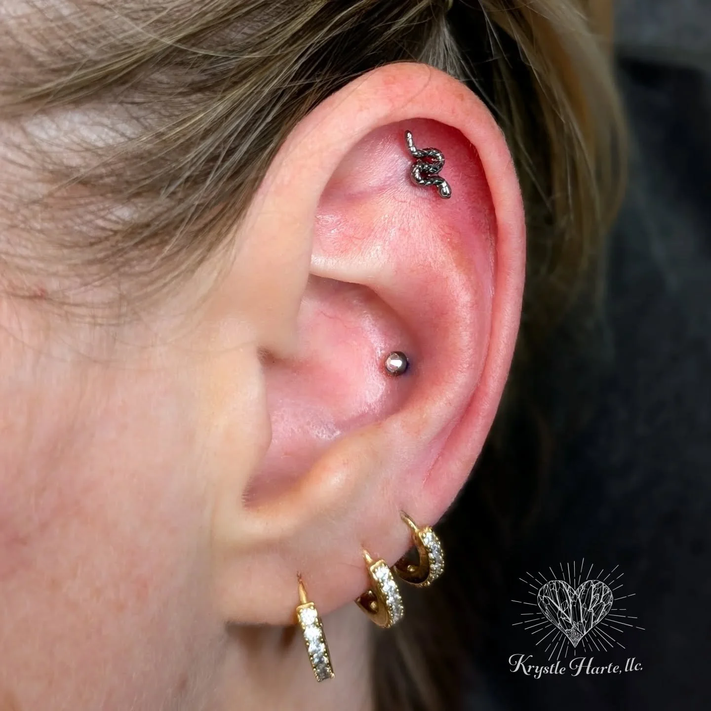 A fresh conch and flat pairing, plus some healed love on the lobes.

There is nothing quite like seeing a curated ear come together. Today we added a fresh conch and a flat piercing using these stunning pieces from @khrysospiercingjewelry 🐍

The bes