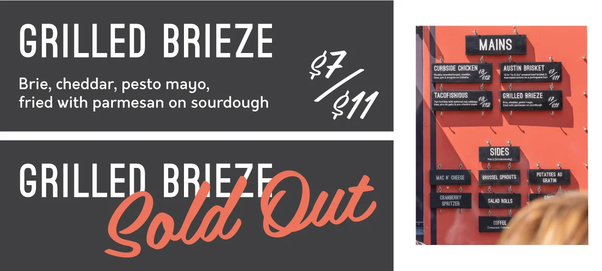 The menu board designs were hand-stencilled onto wooden blocks by a local Sherwood Park artist.