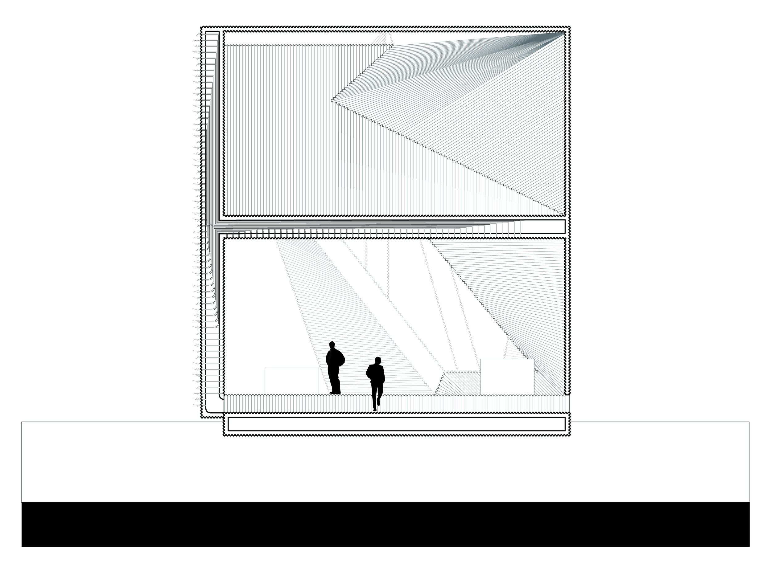 The displays are made possibly by end lit fiberoptic cables, which channel from spaces inside the bridge to the facade. At night, when shadows pass across the endlit cables inside the bridge, the manifest as shadows on the façade. During the day, the cables bring dappled light to the interior.