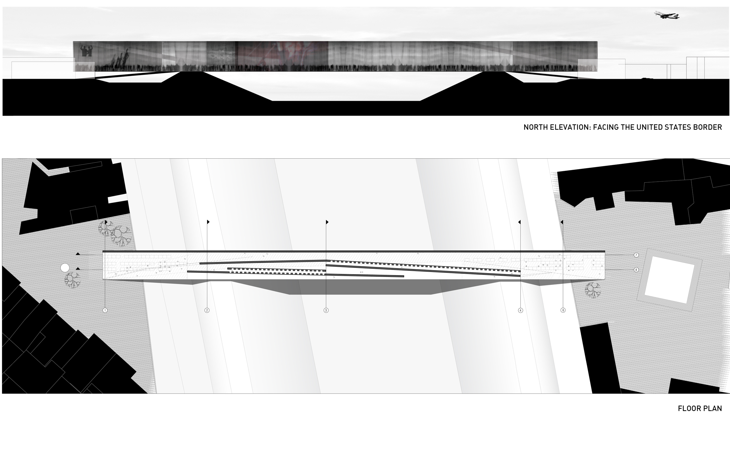 The project gives voice to the importance of these conversations by manifesting activity on the bridge through eery abstract displays across the 40’ high, 900’ long billboard-like facade facing the United States. 