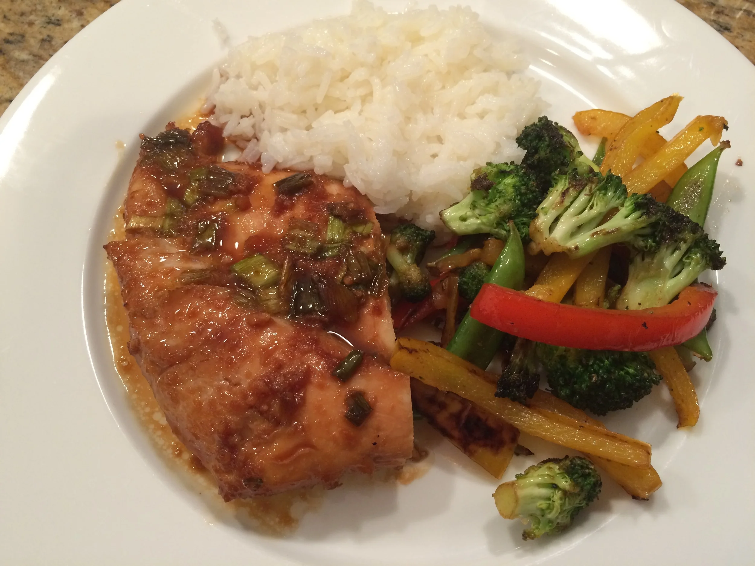 Korean Chicken with jasmine rice and stir-fried Asian veggies
