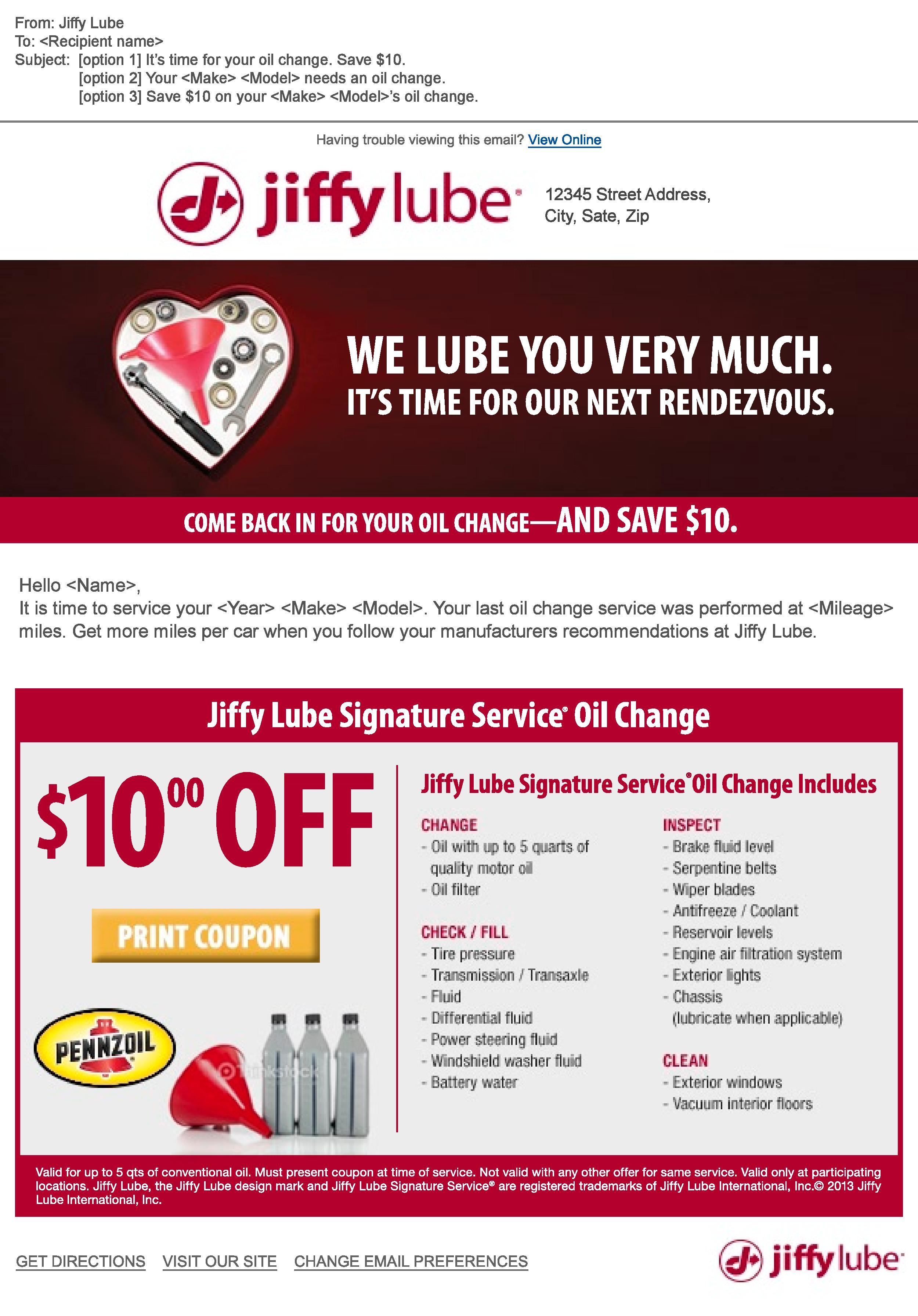 Jiffy Lube Reminder Email