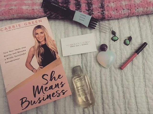 current bag unload! love this book by #carriegreen full of good ideas #shampure #essentialoil #bighair #pinklips #crystals #business #makeupartist #hairstylist