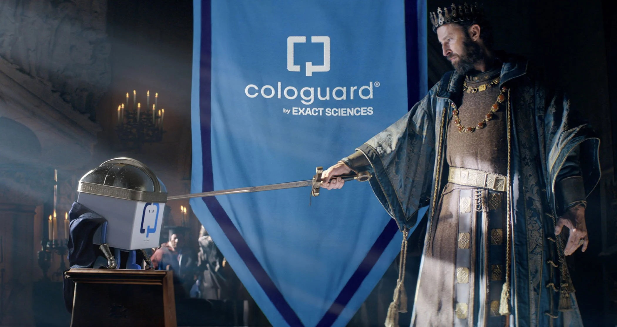 Cologuard skip the drama creative visual of white knight knitghting the Cologuard box