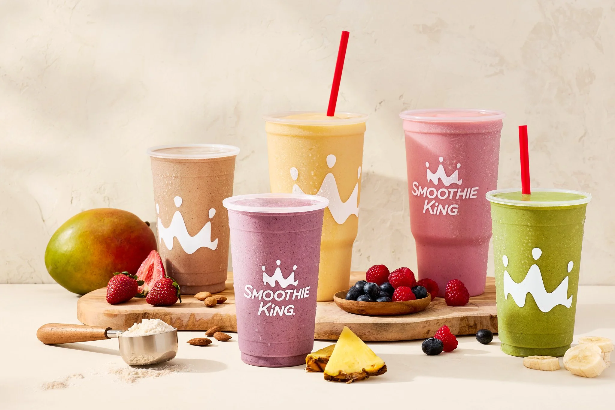 Smoothie King Family of Smoothies - 5 different flavors in different colors / Jennifer Chong  - Food, Beverage and Lifestyle Photographer