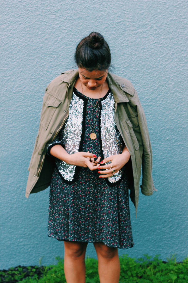 Green jacket / sequin jacket: Urban Outfitters | Dress: H&M | Necklaces: one bought on the beach in Sayulita Mexico, one from Julie Nolan Jewelry | Rings: a couple from Banana Republic, a couple bought at street fairs 