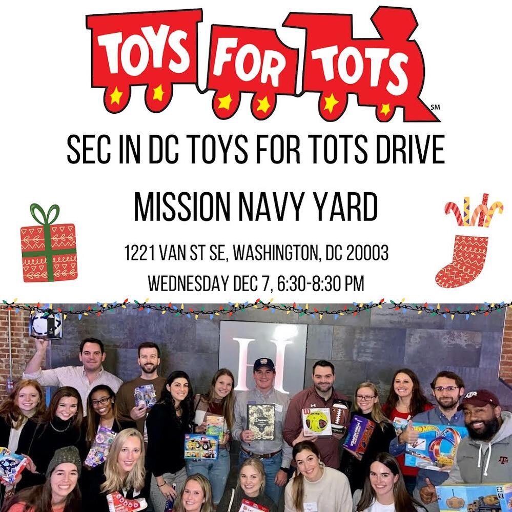 Join the DC area SEC alumni groups for the annual Toys for Tots event on Wednesday December 7th at Mission Navy Yard! Don&rsquo;t forget to bring a new toy or game to donate! 🎁