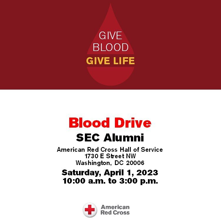 Join us for the SEC DC Alumni Blood Drive on Saturday April 1st, 10:00 a.m. to 3:00 p.m. 

You may sign up at 
http://www.redcrossblood.org and search by sponsor code &quot;Alumni&quot; or call 1-800-REDCROSS.
 
Eligibility Questions? 
Call 1-866-236