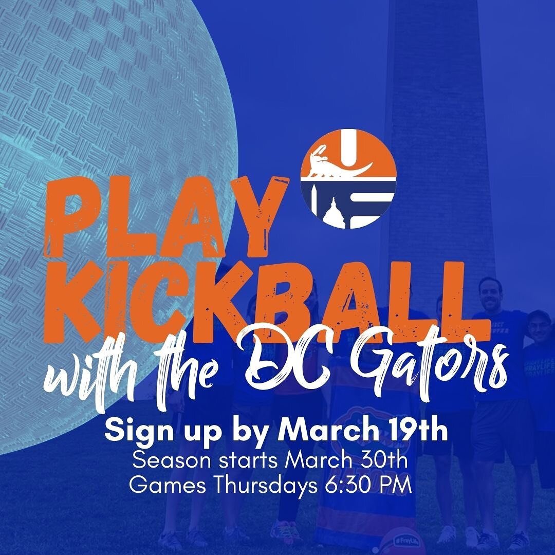 Join the DC Gators kickball league! If you are interested in signing up, please email cgcgators@gmail.com. Sign up by March 19th to secure your spot. Season starts March 30th, and games will be Thursdays at 6:30 PM.