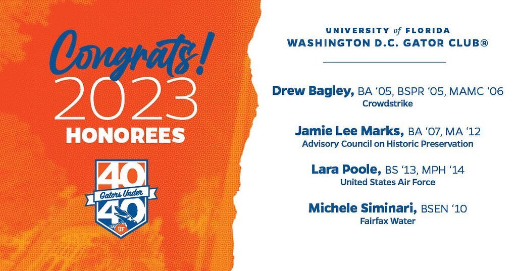 The @uflorida 2023 #40GatorsUnder40 list is out and we are so proud of our DC Gators alumni who made the list. Congratulations!!! 🐊🔹🔸