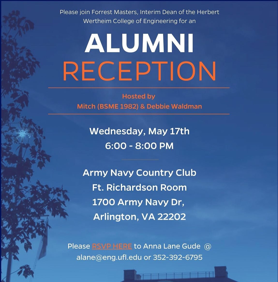 Attention all D.C. #gatorengineering alumni!

Please join for an alumni reception on Wednesday May 17th at the Army Navy Country Club in Arlington. 

To RSVP, email Anna Lane Gude at alane@eng.ufl.edu or call 352-392-6795.

Go Gators! 🐊