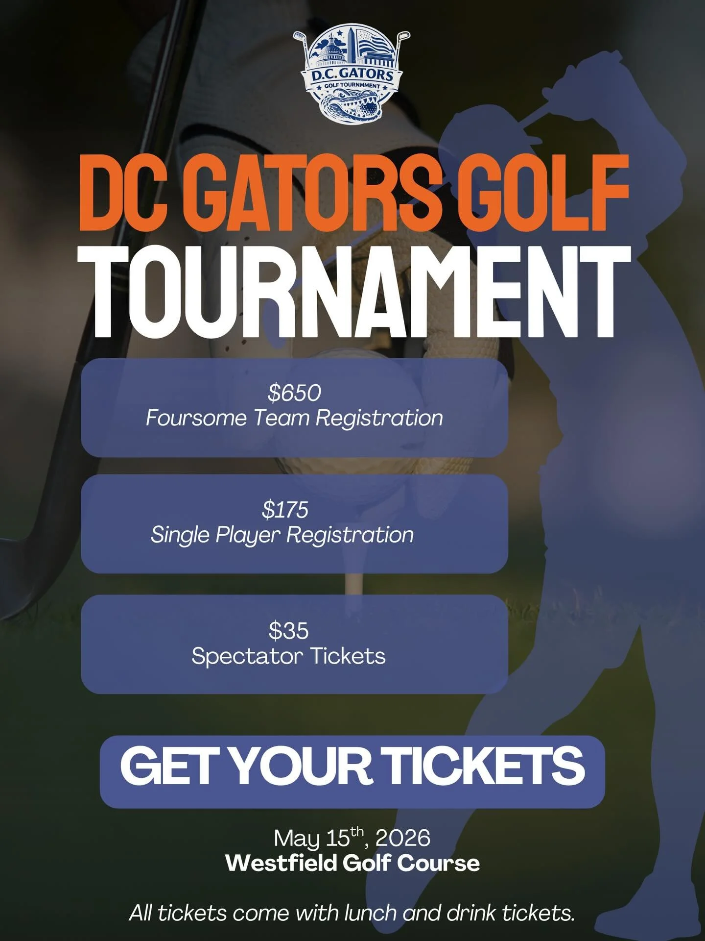 The Washington DC Gator Club is proud to launch its inaugural charity golf tournament, bringing together alumni, friends, and supporters for a premier day on the course in support of our scholarship program.

Join us for a full day of Gator pride, fr