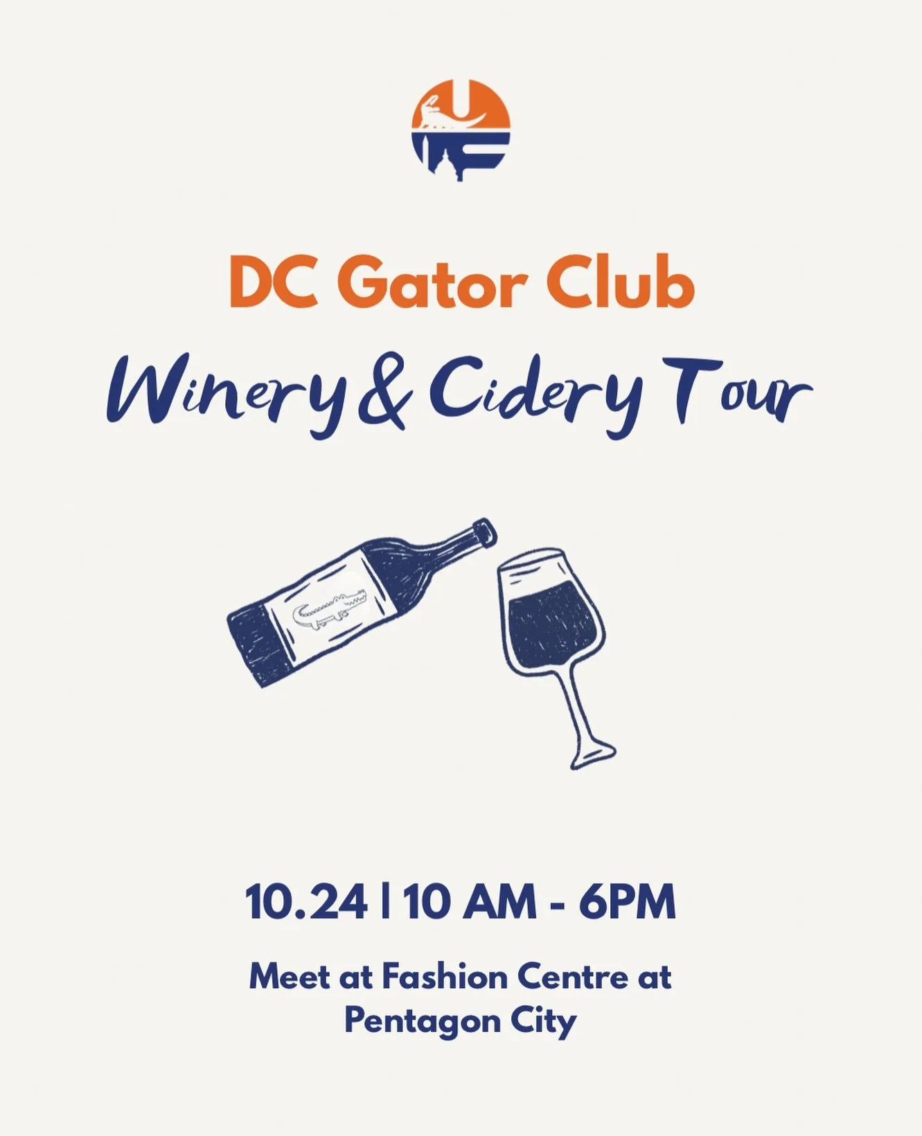 Fall Saturdays are better with Gators! 🐊🍎🍷

Hop aboard the DC Gator Club bus for a day of wine, cider, good friends, and plenty of Gator spirit! We&rsquo;re hitting the road for a three-stop winery &amp; cider tour through Virginia wine country.

