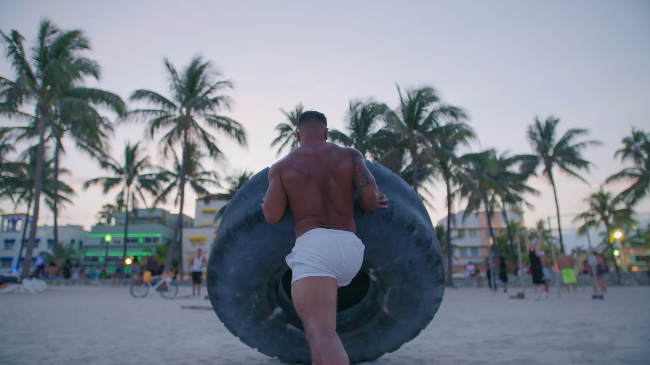 A local Miami Body Builder pushes a 800lb tire in a one short segment we filmed.
