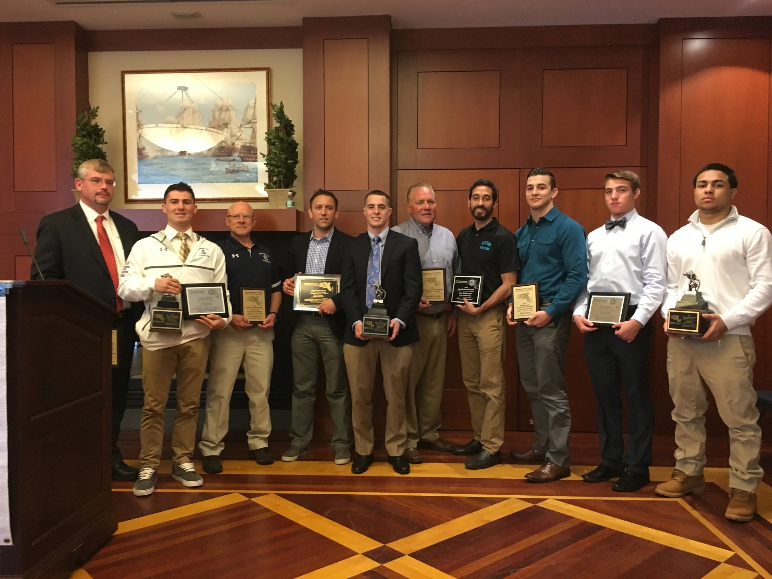 BYW Founder/President José Valenzuela (pictured fourth from right) alongside other honorees from the Massachusetts National Wrestling Hall of Fame at the 2016 SpringFest at Belmont Hill School.