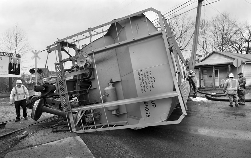  A train derailment in Uniontown, PA in 2015. One car landed 6 feet from a nearby house, spilling frack sand around it. Frack sand is used during the hydraulic fracturing process and is hazardous to human health. The particulates are so small and odd