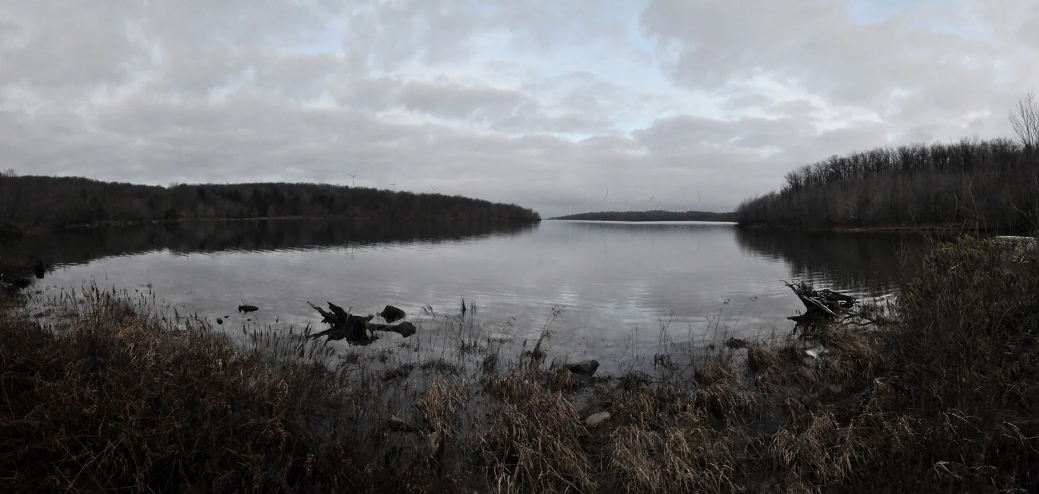 A wind farm sits at the end of Beaverdam Lake, east of Beaverdale in Cambria County. The lake, a 360-acre impoundment, is a popular fishing spot. © Brian Cohen/MSDP 2012