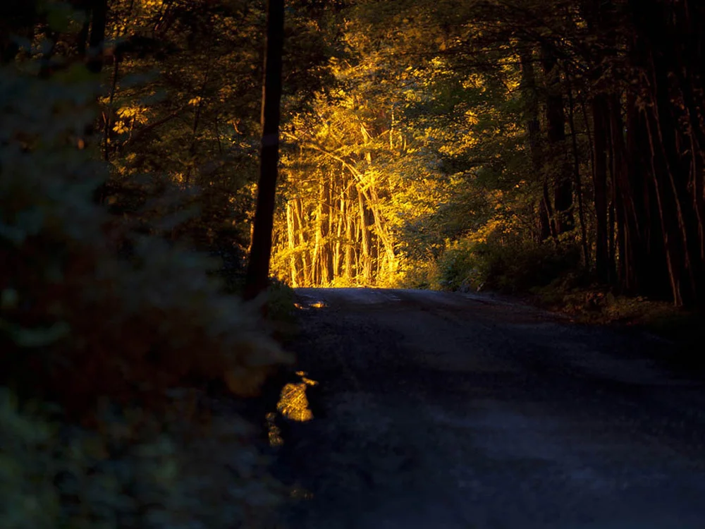 An orange glow from a nearby methane flare illuminates an otherwise darkened road. Springville, Susquehanna County, 2011. © Nina Berman/MSDP 2011