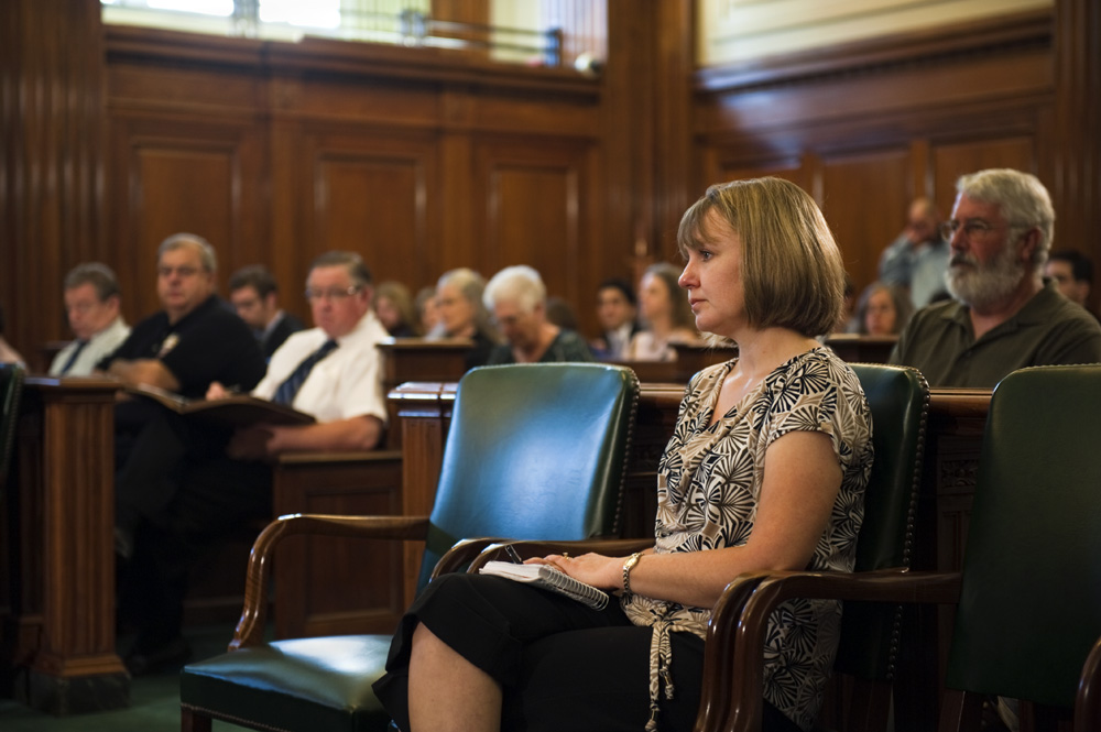  A hearing in downtown Pittsburgh, PA called by US senator Bob Casey, D., PA, to discuss action plans for accidents caused by gas drillers. Hallowich is crying as she listens to testimony from a person with severe health problems thought to be caused