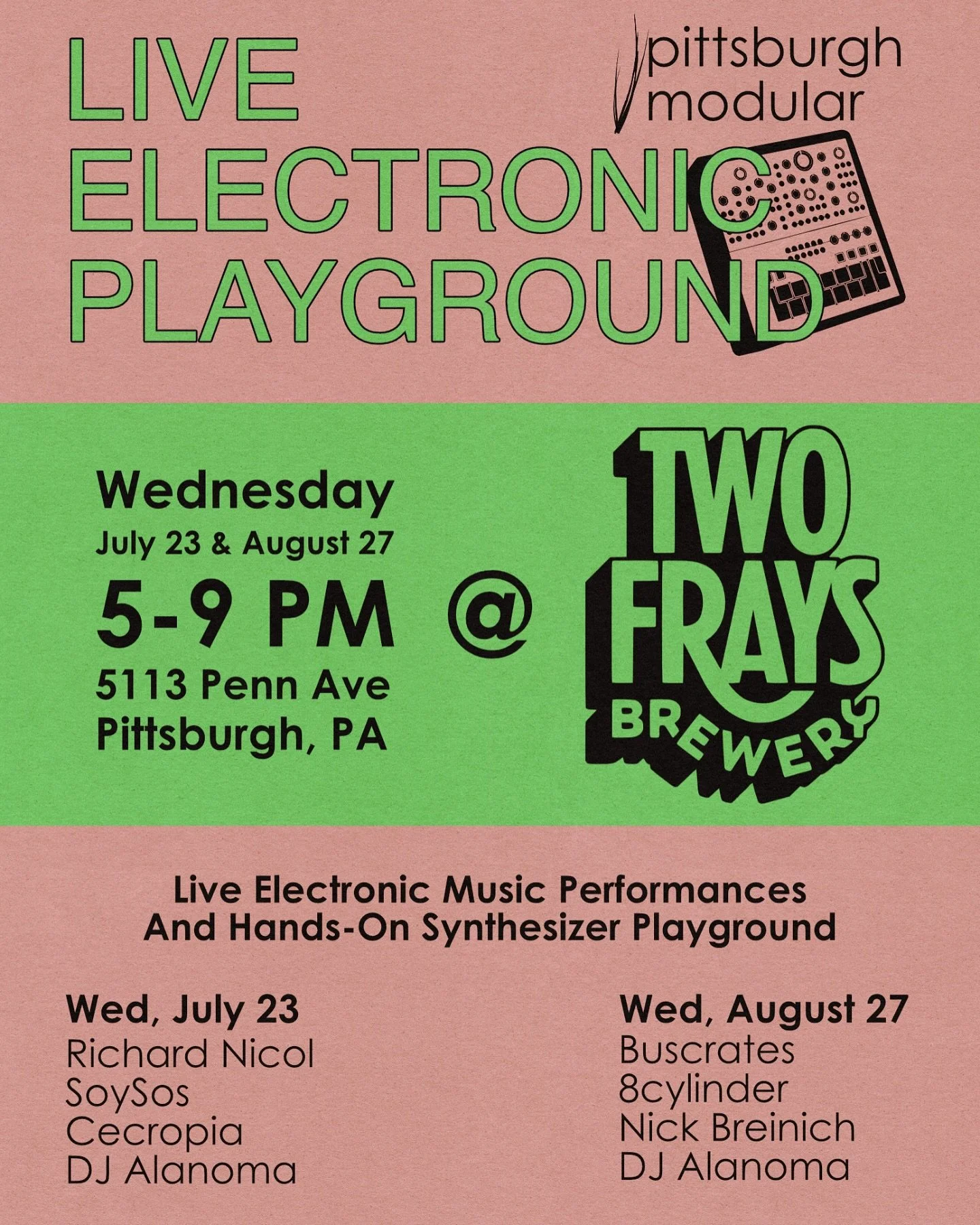 The Synth Playground is back for 2025 at our favorite brewpub! Join us @twofraysbrewery for live electronic performances outside and a synth demo table inside. All for free!* *(Beer is available for an additional fee.) #synth #brewery #performance #p
