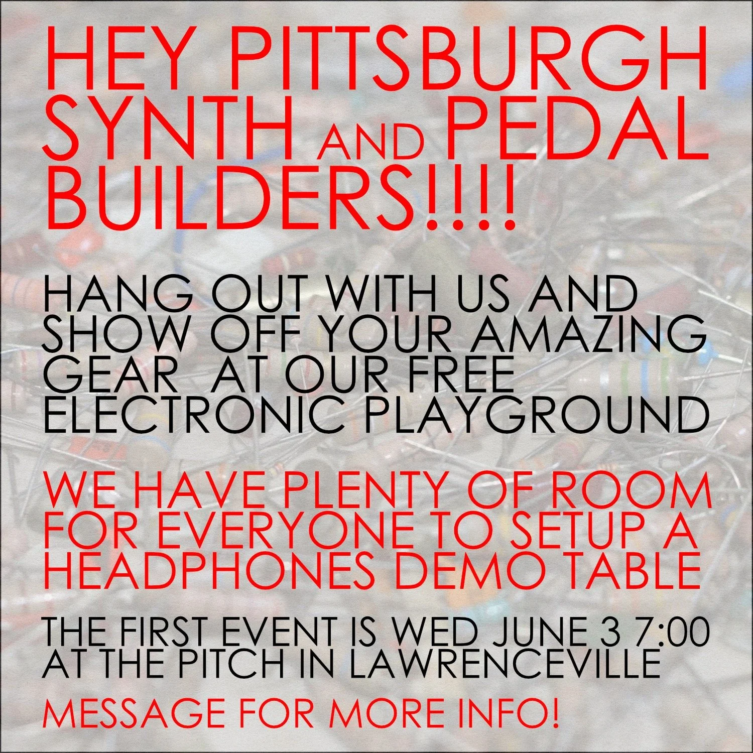 I want to hang out with other electronics nerds. Reach out and we are happy to offer a table for you to demo and sell your electronic gizmos at our upcoming Free Electronic Playground at The Pitch in Lawrenceville Wednesday June 3 @ 7PM. Everyone is 