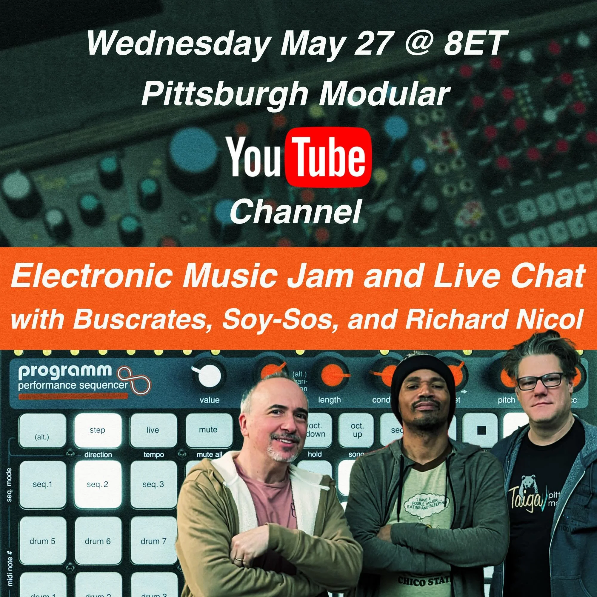 Join us on the Pittsburgh Modular YouTube channel for an update on the world of Pittsburgh Modular and a synth jam with The Synth Sentinels @soysostuffsoundrec @buscrates