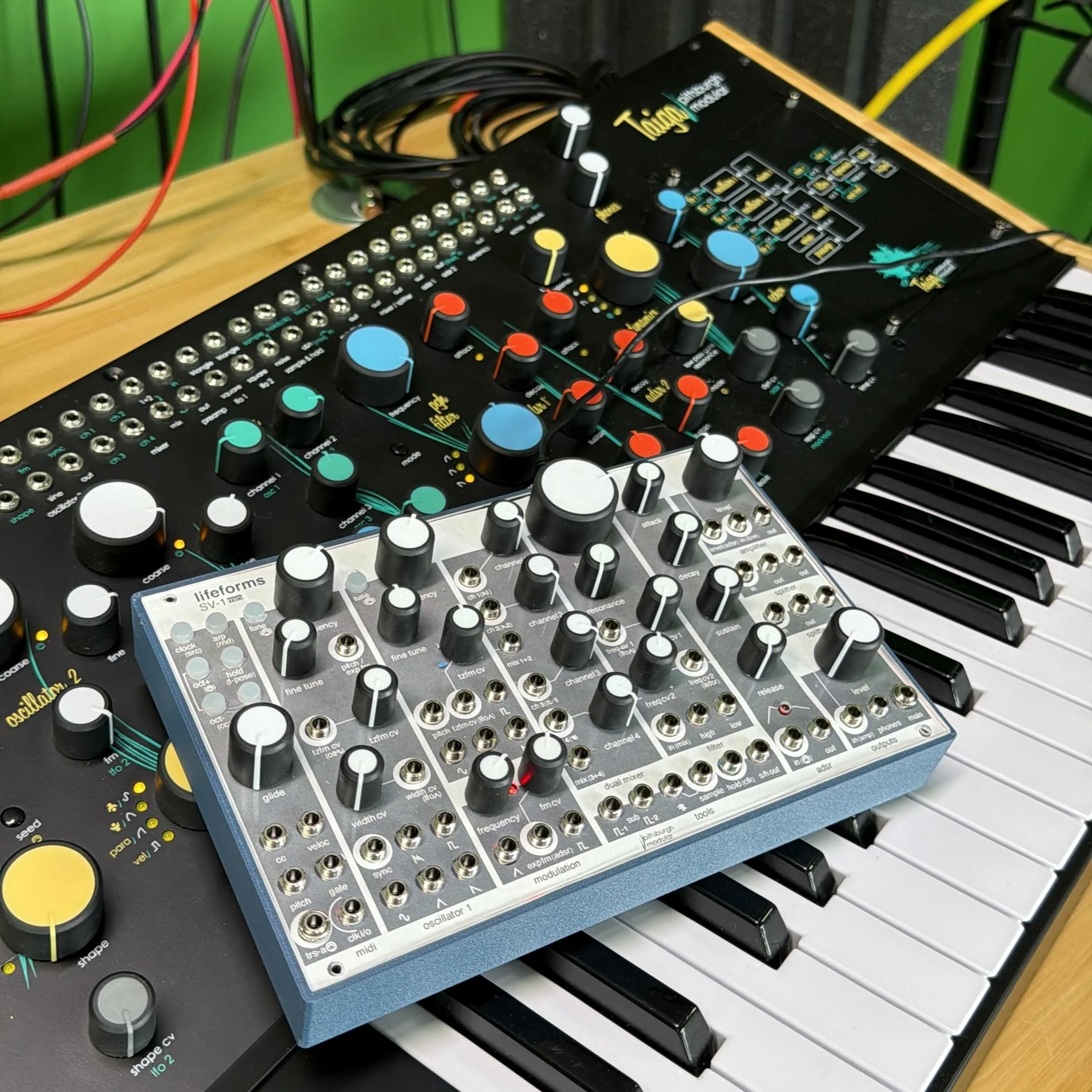 2nd prototype of the Lifeforms SV-1 Mini sitting on top of the much beefier Taiga Keyboard. I found some knobs that work and 3D printed a simple case too. Work continues on both this one and the Voltage Lab Mini. #analog #eurorack #modular #synth #pr