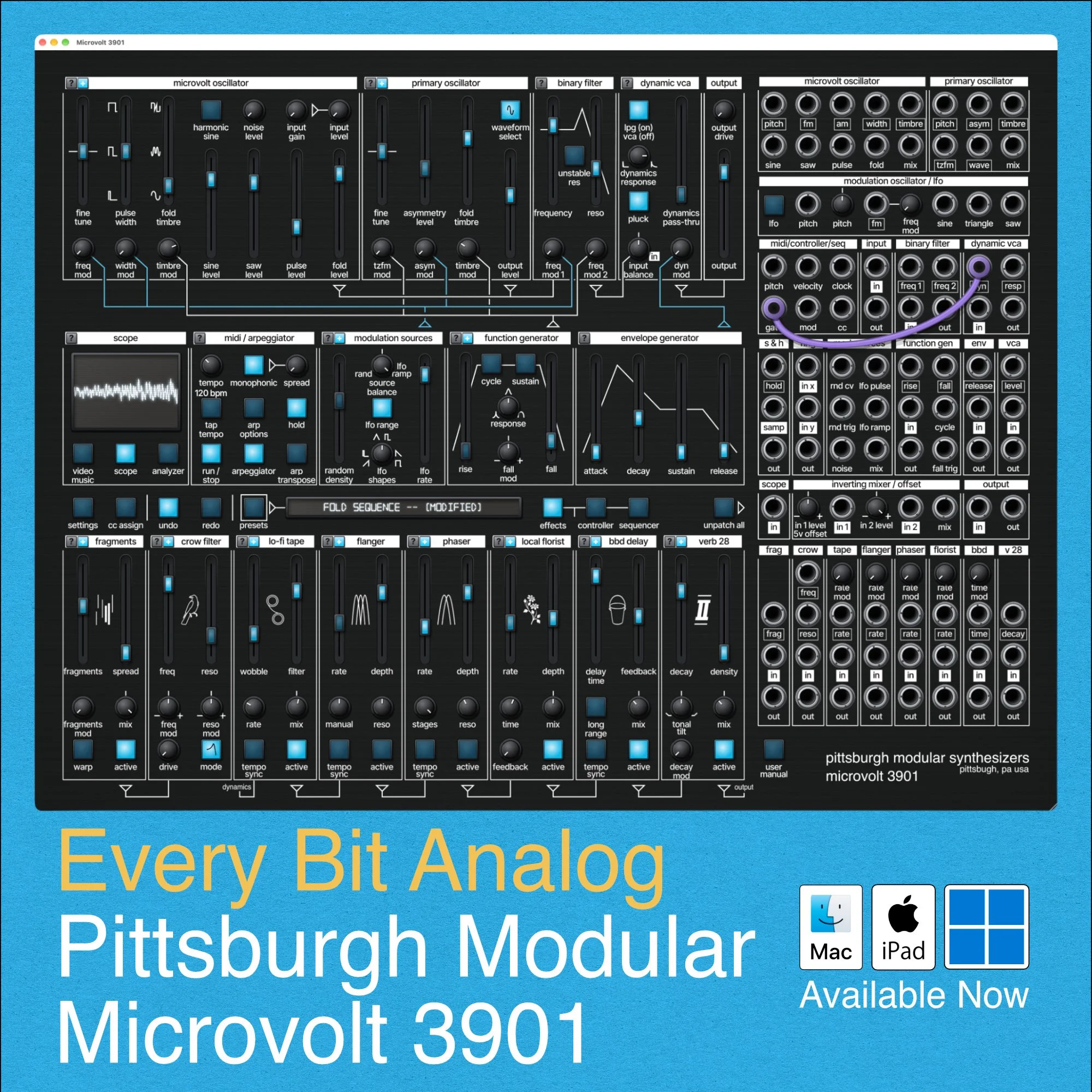 Microvolt 3901 is a component level emulation of the Pittsburgh Modular Microvolt 3900 plus a collection of classic Pittsburgh Modular Eurorack modules from throughout our history, together in one fully patchable instrument. Play it standalone or use