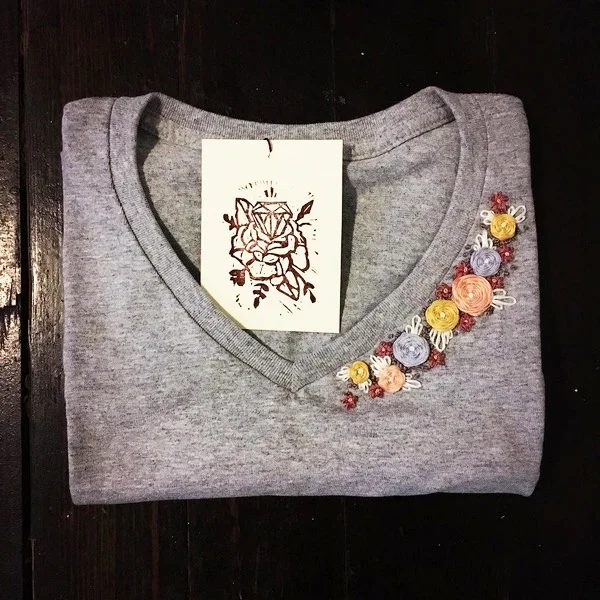 Made-to-Order Floral Shirt with custom hand-stamped tag for shipping & delivery.