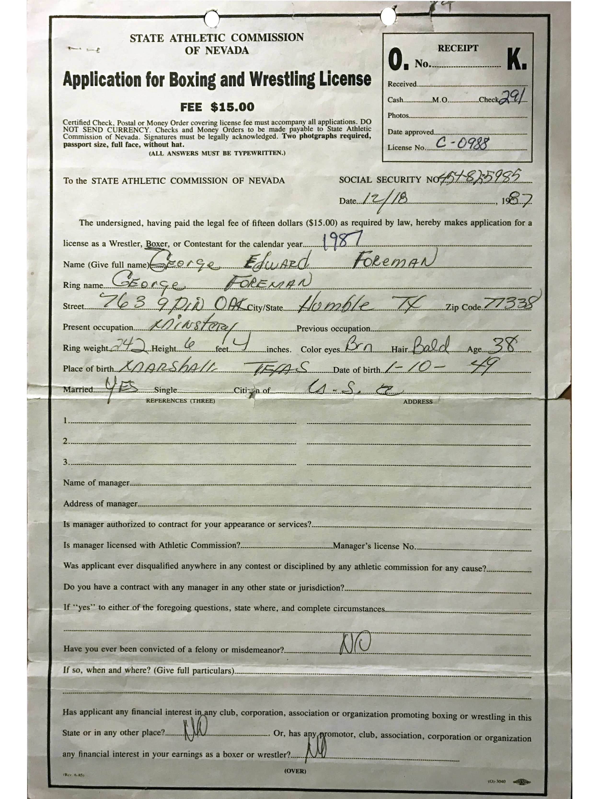 1987 George Foreman Signed Boxing Application