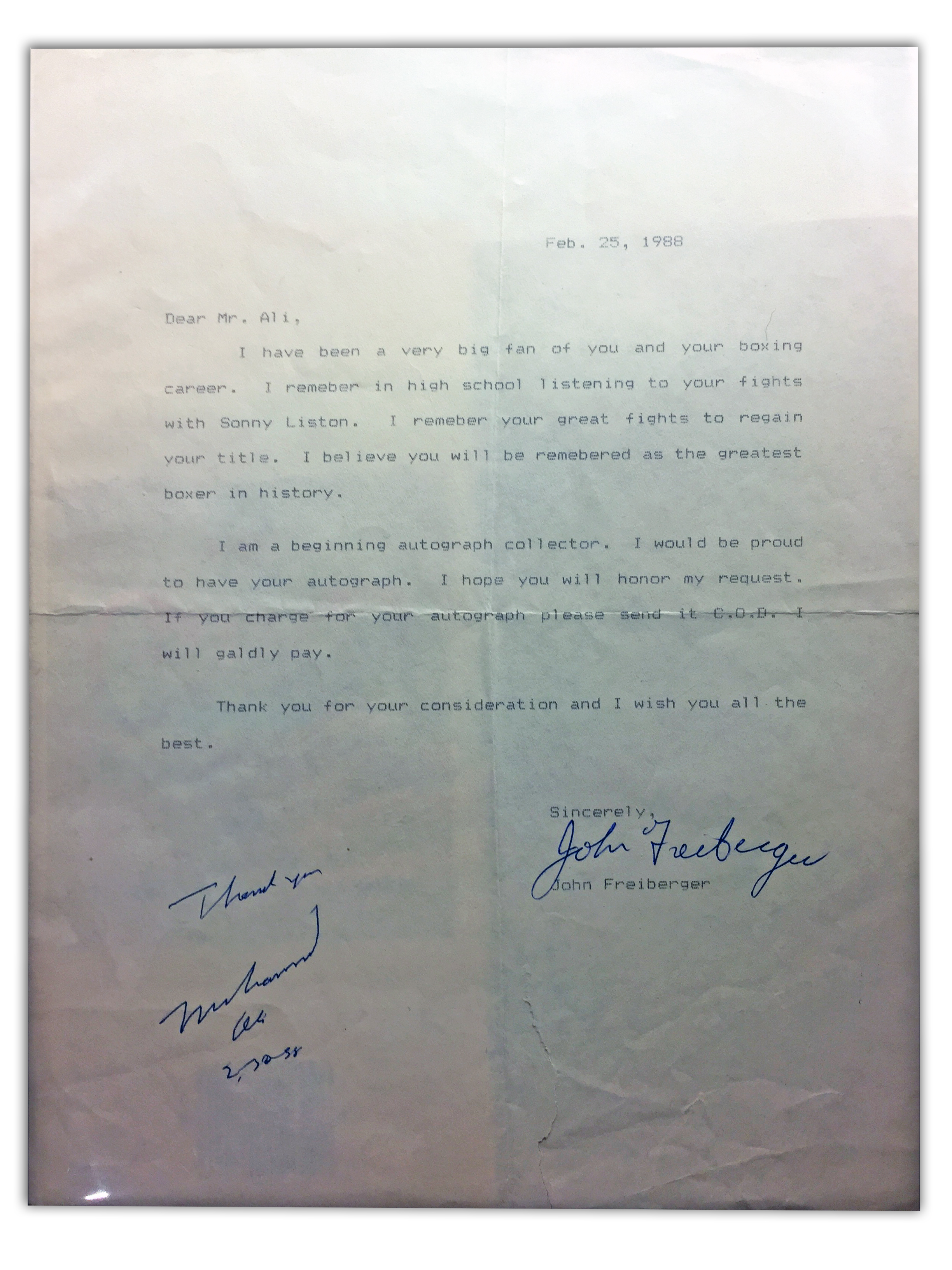 Muhammad Ali Signed Fan Letter 1988
