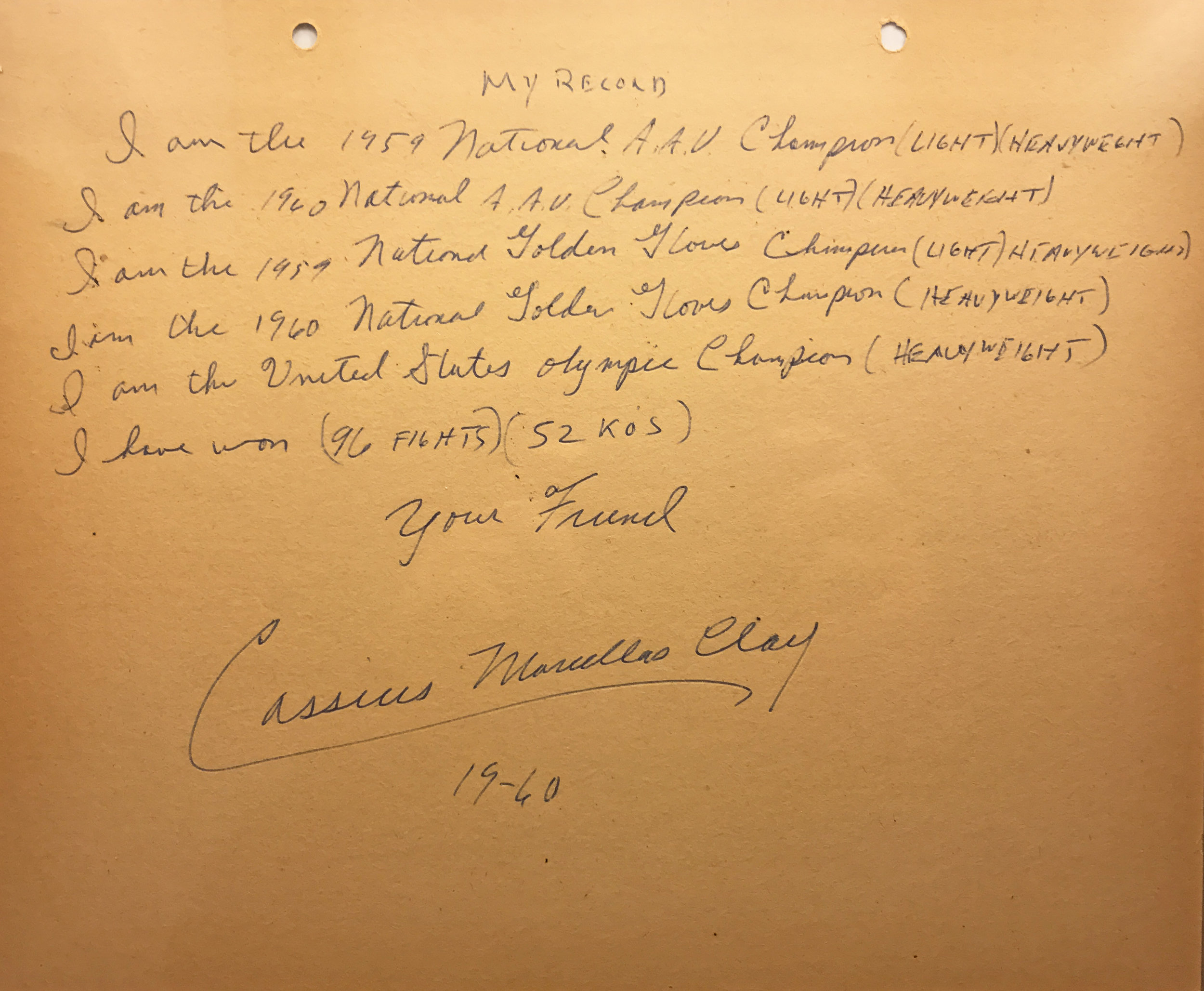 Cassius Clay (ALI) Signature and Hand Wrote Record 1960