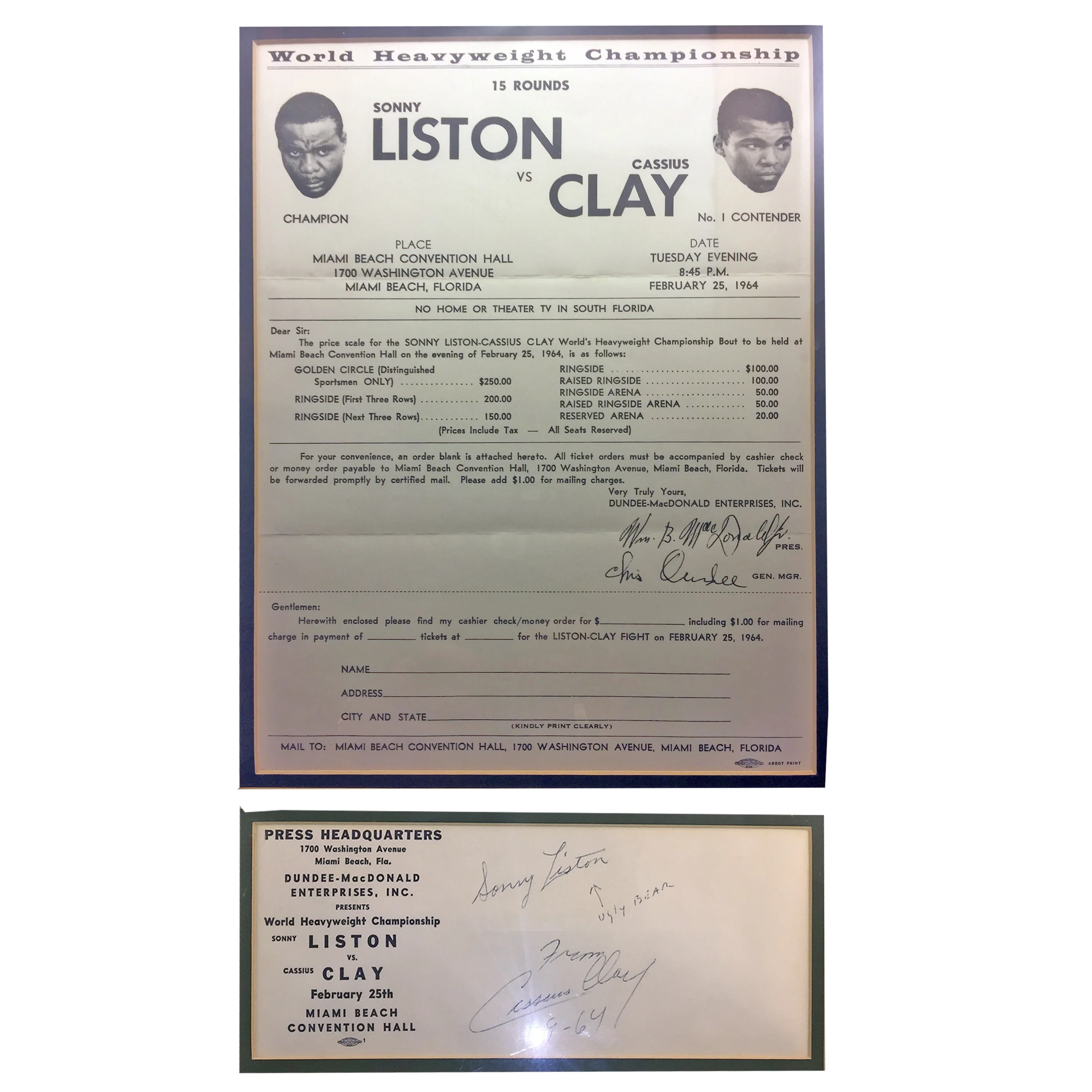 Sonny Liston vs Cassius Clay Signed Fight Announcement