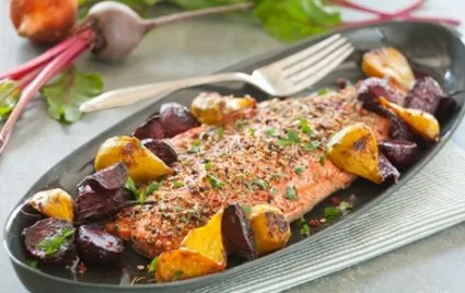 Spice Crusted Roast Salmon with Ginger Beets. Found on Whole Foods Market Website