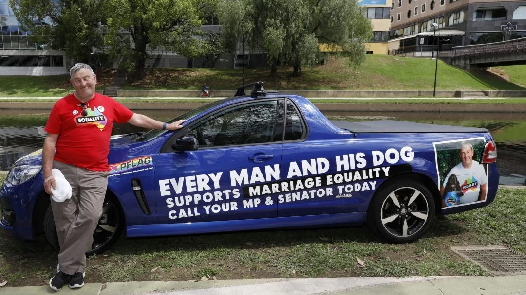 Geoff Thomas at the Parramatta Pride Picnic, with his famous Equality Ute (photo credit: Ann-Marie Calilhanna, Star Observer