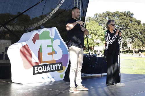 Neil Phipps providing Auslan interpretation at the Sydney equality vote announcement (Photo credit: Ann-Marie Calilhanna, Star Observer)