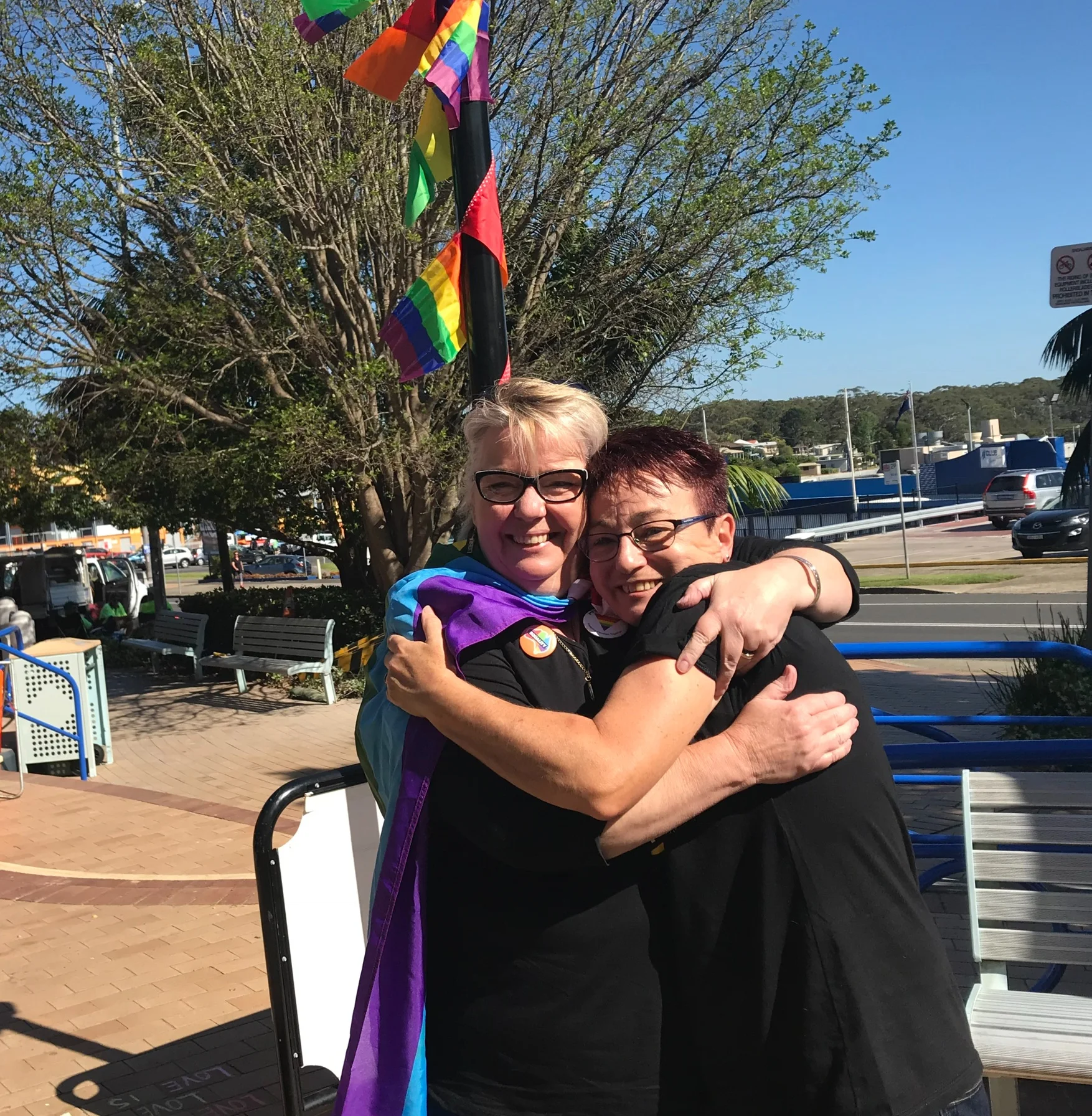 Photo: Noeline with Dawn Hawkins from Marriage Equality Gilmore when the YES numbers came in.