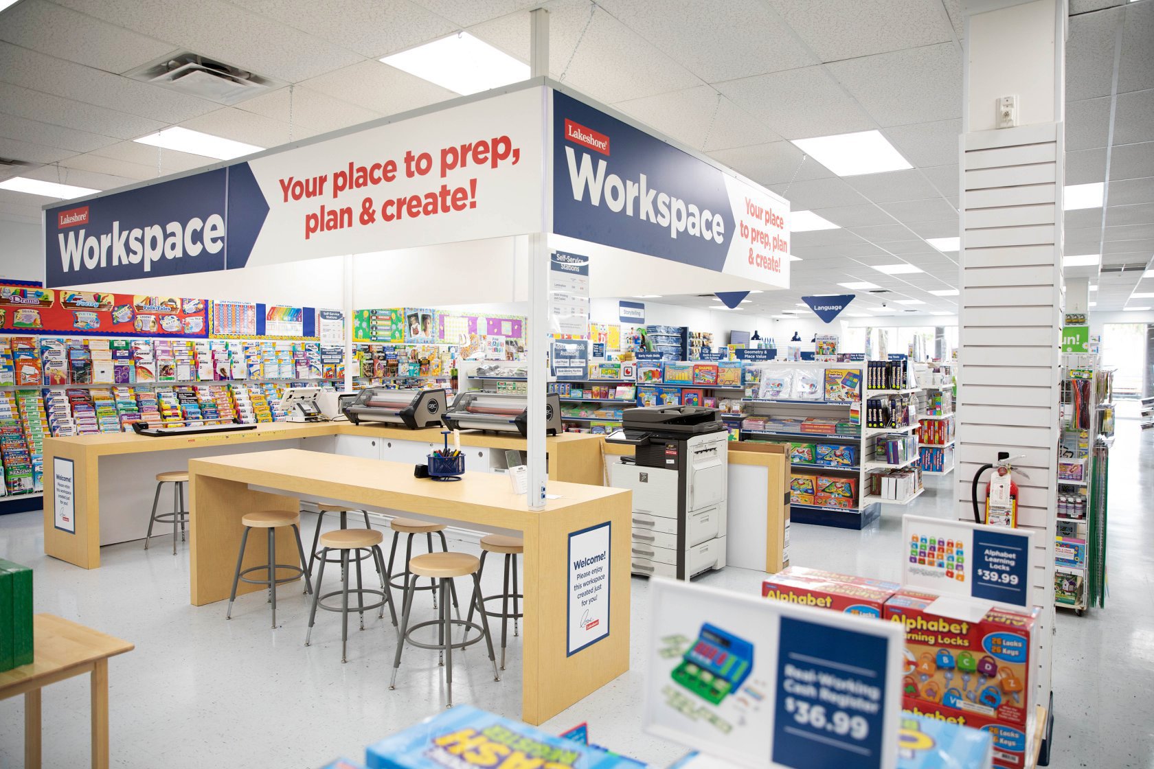  In 2019 Lakeshore Creative launched a new teacher-focused space in the Lakeshore stores. The “Workspace” was introduced to provide customers with a generous space to laminate, grade papers, and create classroom crafts 