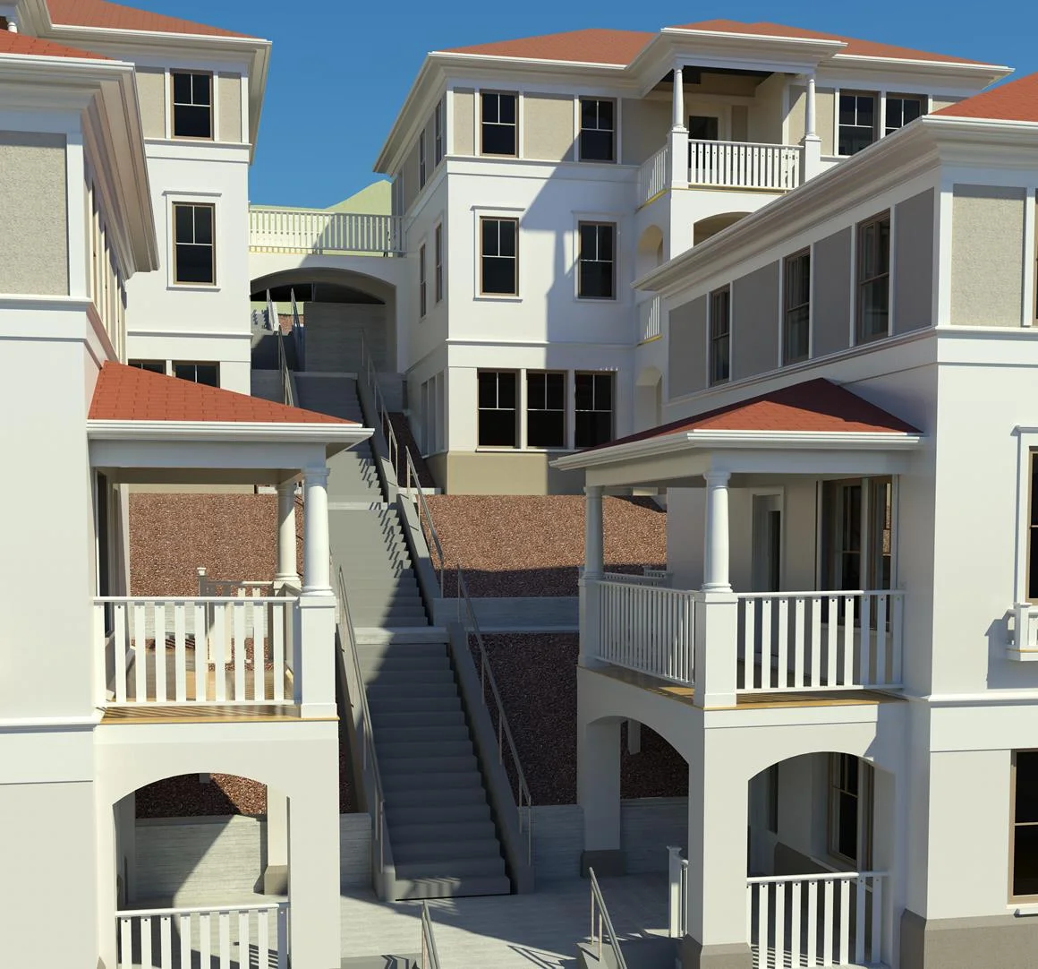A detail of the buildings with central stair - and yes there will be lots of plantings!