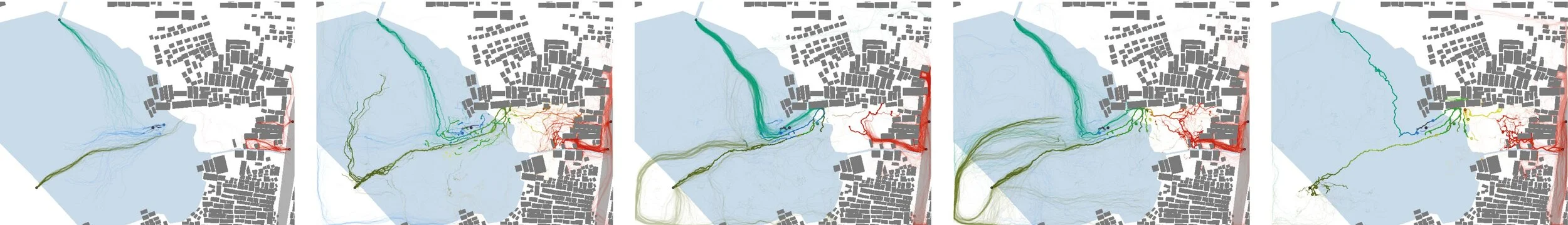 Snapshots throughout the process of the simulation. Agents explore different routes across the site, eventually stabilising to singular paths demonstrating the flow and exchange of products and people on site.