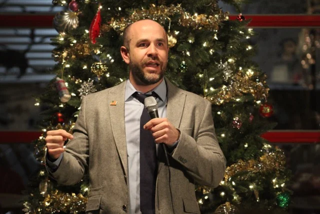 Will Fisher answering questions at a Town Hall meeting at Denton County Brewing Co. on Wednesday, Dec. 13. Photo by Tanner Tovar