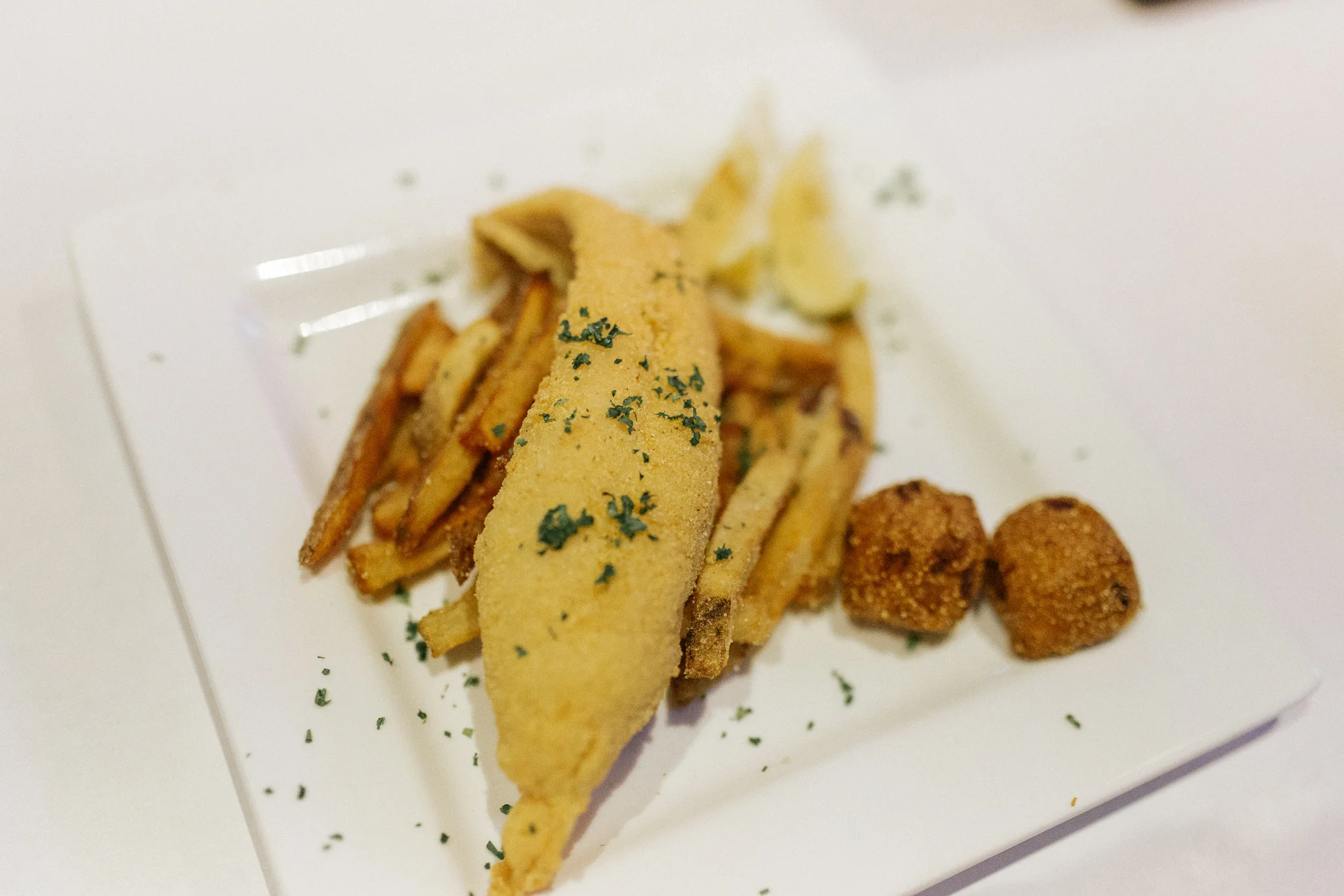 Catfish, Fries, and Hushpuppies