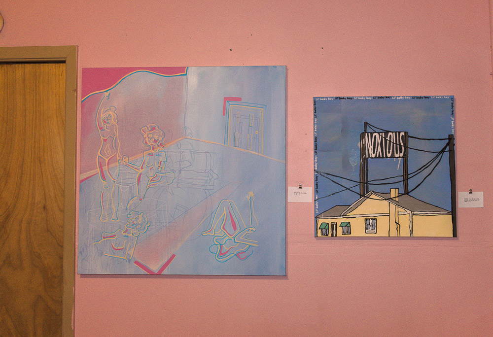  Left: Sarah Wuenscher - oil on canvas. Right: Max Raign - oil and spray paint on canvas 