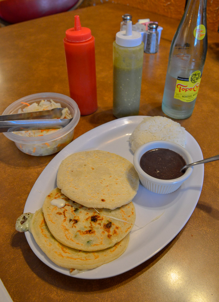  Pupusas- large stuffed corn tortillas - your choice of stuffing - meat, vegetables, etc. with different salsa choices. Traditional food in Guatemala, as well as many other South American countries. 