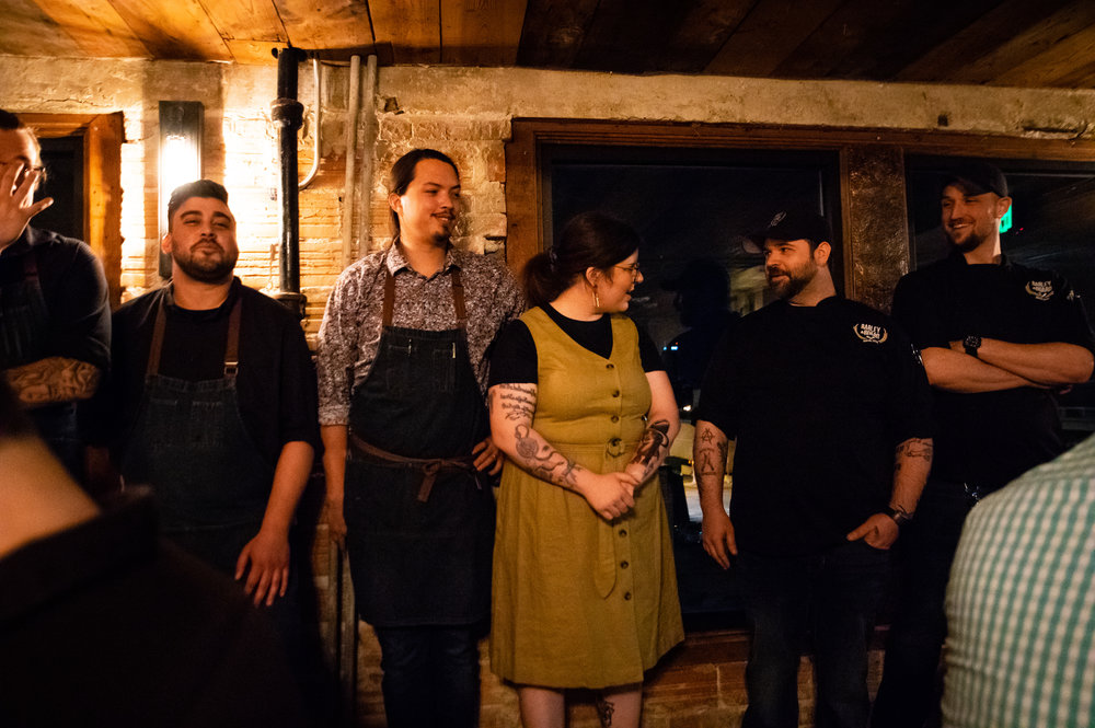  General Manager Chelsea Close, Executive Chef Daniel Thomas, Sous Chef Josh Morris, and more of the kitchen and wait staff of Barley &amp; Board. 