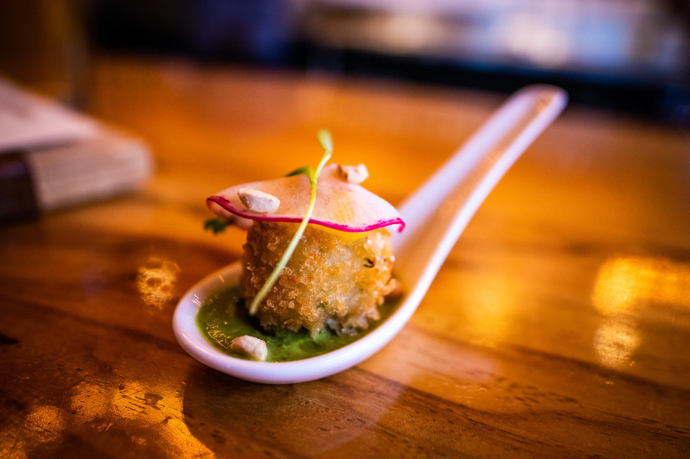  Close up of the first course - Curried Crab Cake Spoons. 