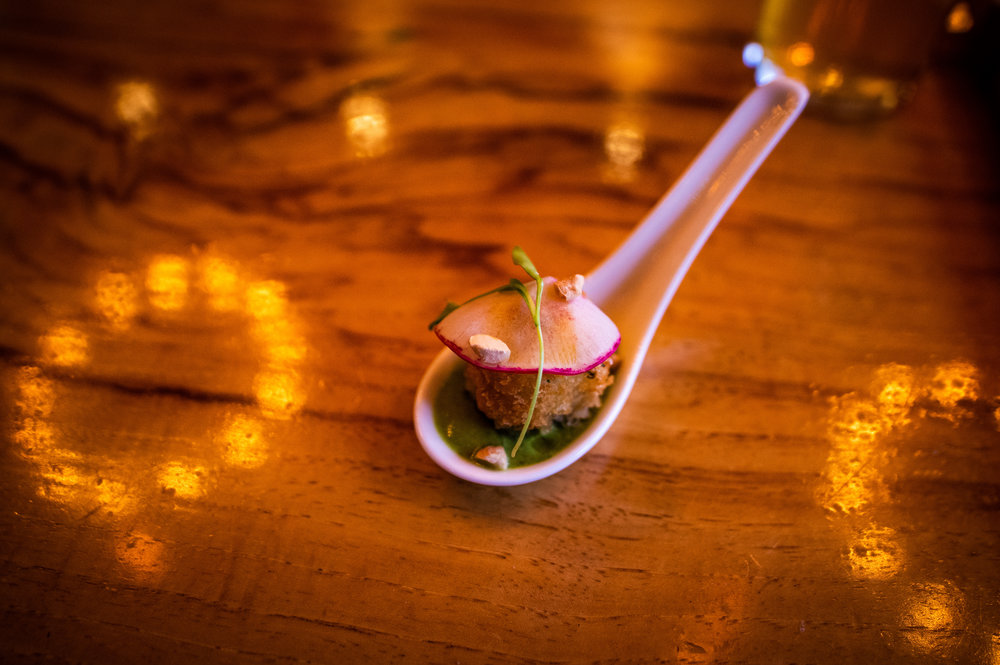  The first course - Curried Crab Cake Spoons. 