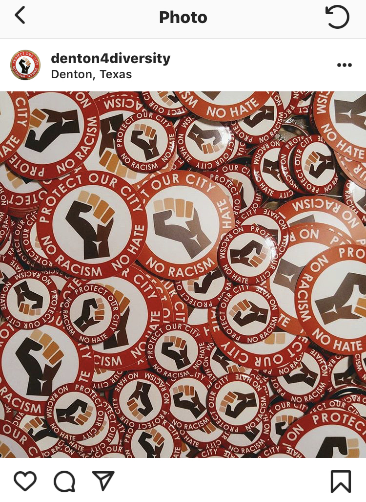 Photos of the red circle buttons taken from Denton4Diversity’s Instagram page.