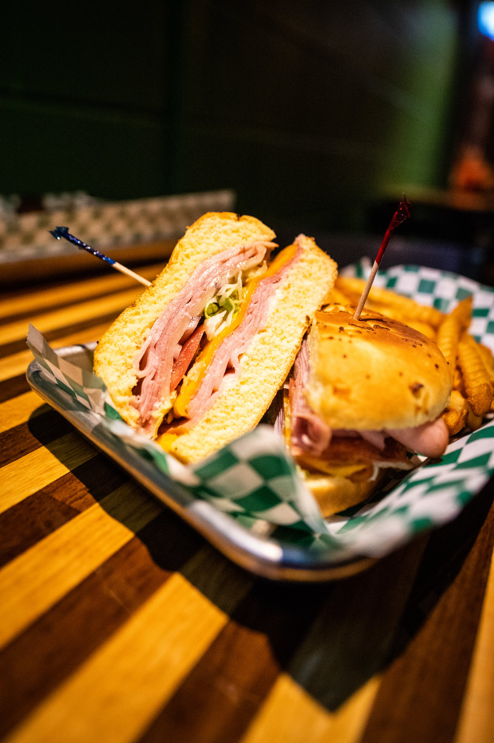  Close-up of the cross section of Rip’s Favorite Delight - a light deli-club style sandwich. 